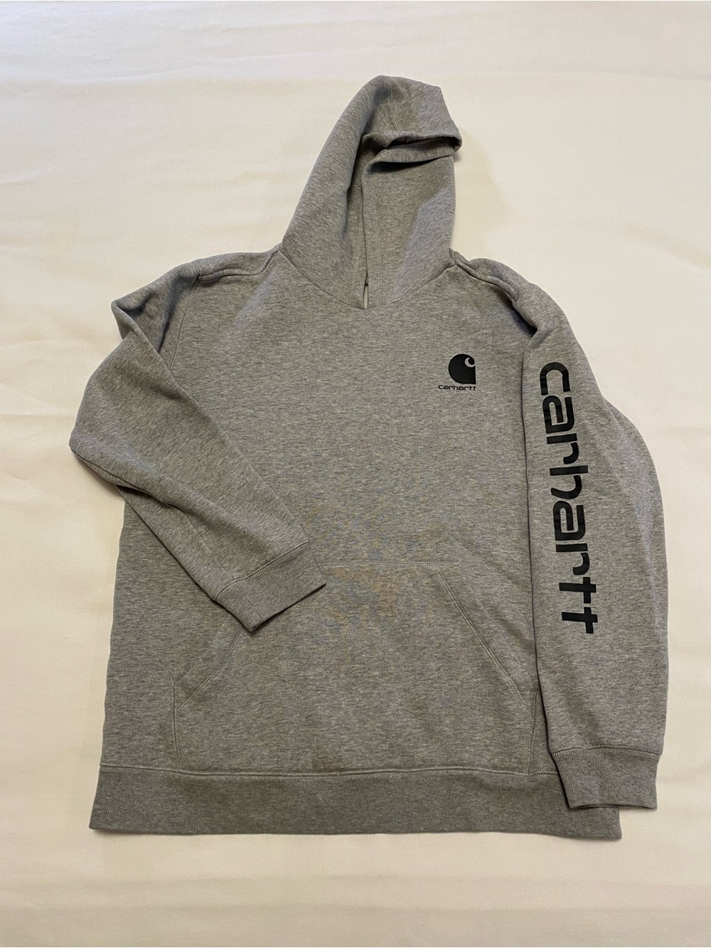 Carhartt Grey Pullover Hoodie with Black Sleeve Logo